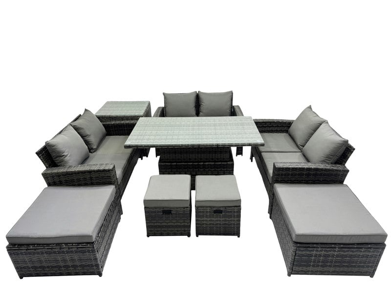 Fimous Outdoor Love Sofa Set 10 Seat Rattan Garden Furniture Set with Adjustable Lifting Dining or Coffee Table Side Table Dark Grey Mixed