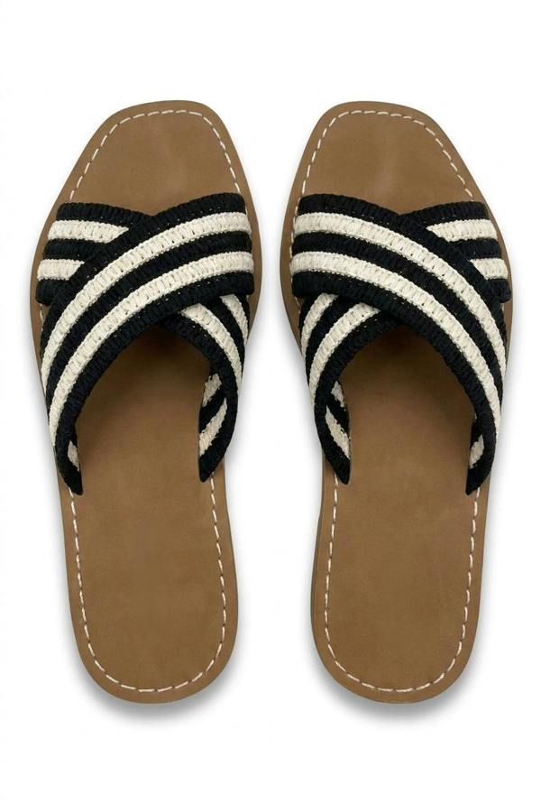Aubree Striped Cross Over Crochet Strap Flat Sandals - Black_wb