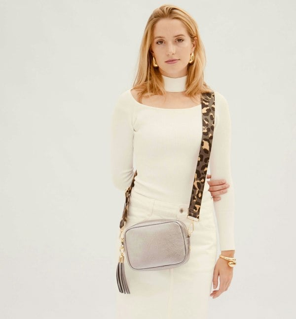 Apatchy Pewter Leather Crossbody Bag With Grey Leopard Strap