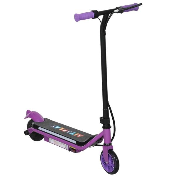 Purple electric scooter for kids with colorful light panel and handlebar grips
