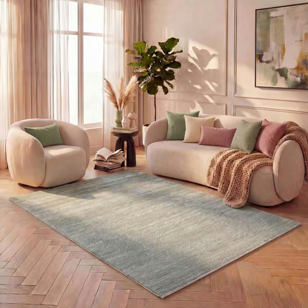 Carmel green striped design rug, textured pile, durable material, anti-allergic, easy-care | THE RUGS