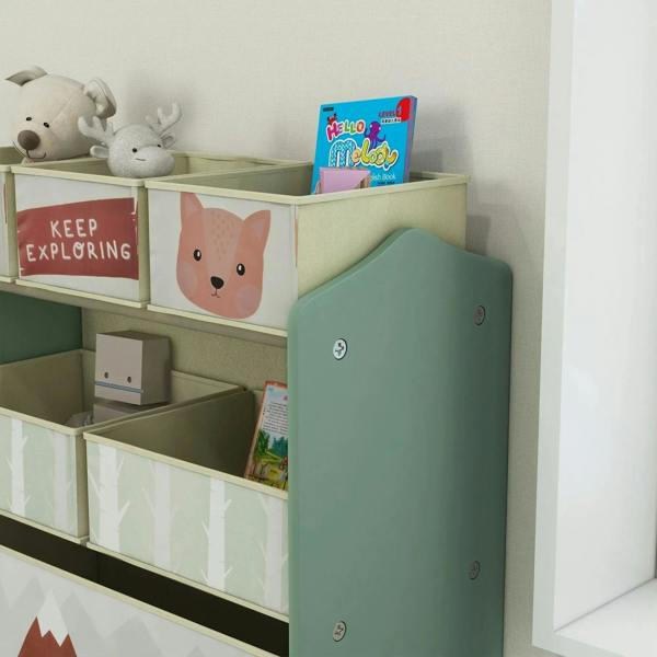 Green kids storage unit with open shelves and six fabric bins, bear face and forest print