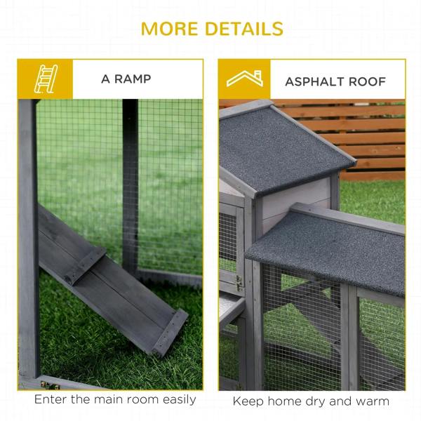 Grey double-tier rabbit hutch showing ramp access and textured, water-resistant roof