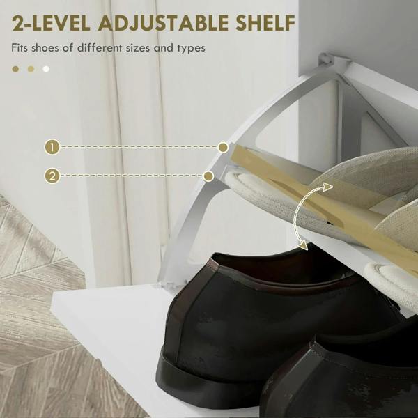 White shoe cabinet with two-level adjustable shelf inside a flip drawer compartment