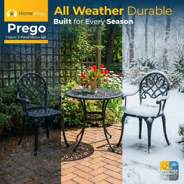 Homeology PREGO Garden and Patio Table and 2 Large Chairs with Armrests Cast Aluminium Bistro Set - Black