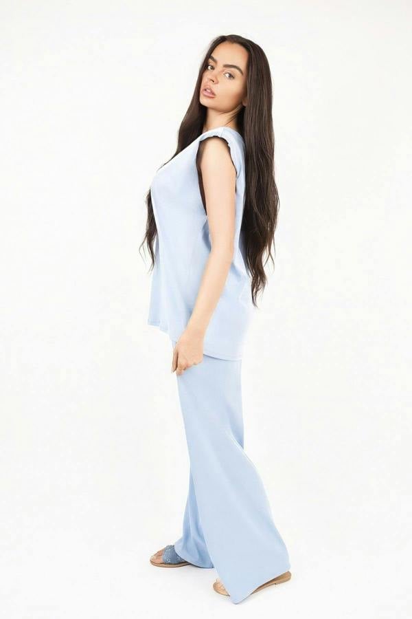 Liliane Sleeveless Relaxed Fit Top And Wide Leg Trouser Co-ord Set - Sky Blue