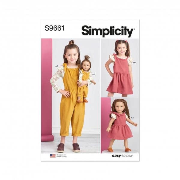 Simplicity Sewing Pattern 9661, Tops, Dungarees, Dresses, Doll Clothes for Kids, A (3-4-5-6-7-8) - Easy
