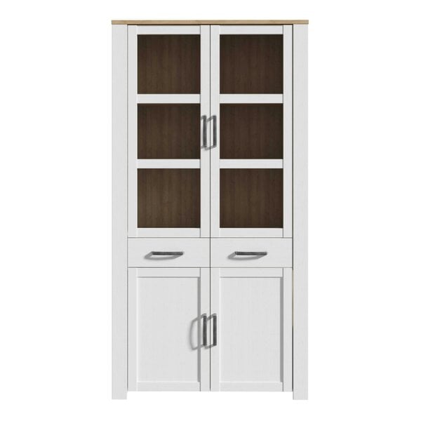 Wyld Haus Southampton White and Natural Oak Effect Display Cabinet with LED Lighting 4 Door 2 Drawer