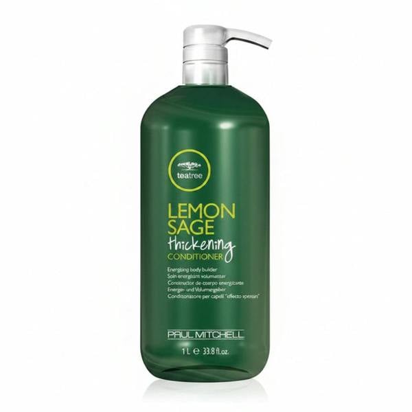 Green bottle of Paul Mitchell Lemon Sage thickening conditioner on a white background