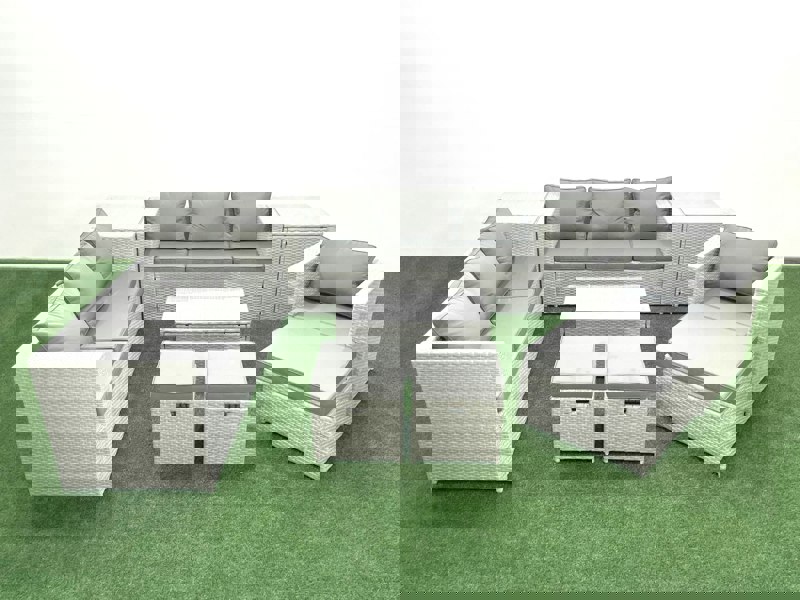 Fimous Wicker PE Rattan Sofa Garden Furniture Set with Armchair Oblong Coffee Table 3 Footstools 2 Side Tables Light Grey Mixed