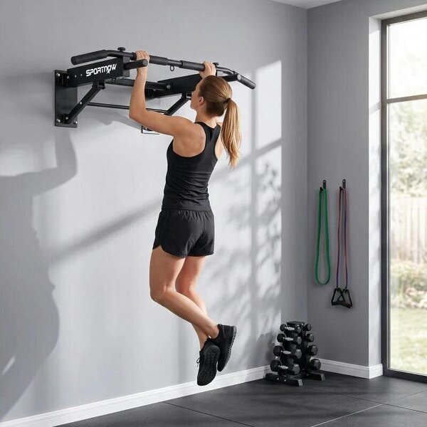 Pull Up Bar Wall Mounted Chin Up Bar with Folding Design, 3 Hooks for Resistance Bands, Supports up to 120 kg, Black