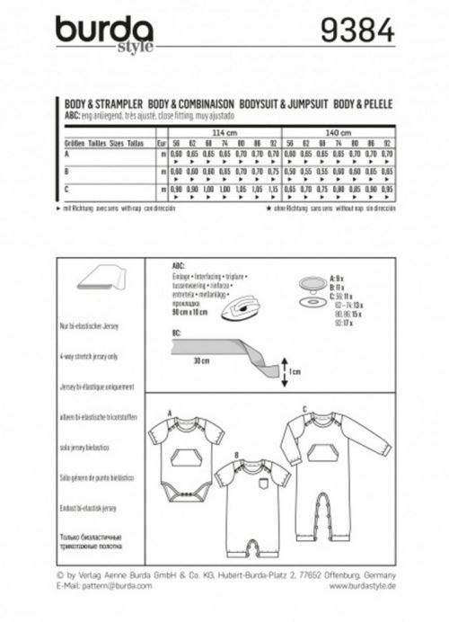 Burda Sewing Pattern 9384 Jumpsuits, Tops and Pyjamas For Babies, 1m-2 - Easy