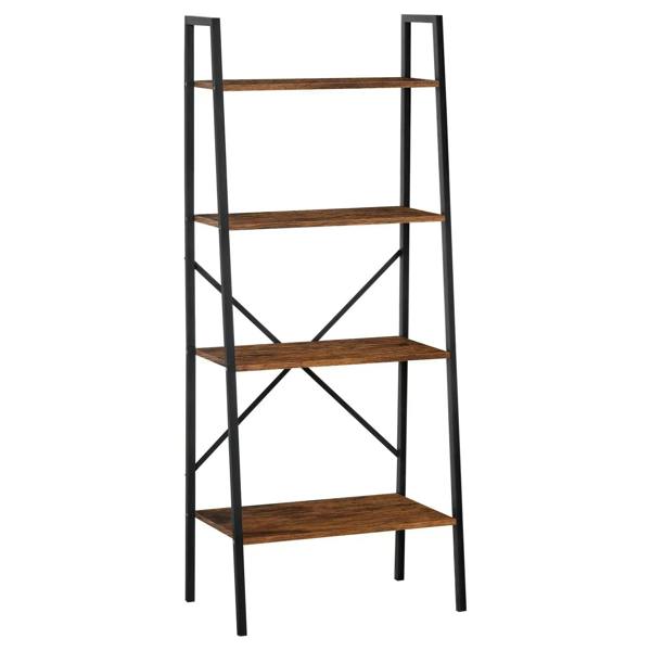 4-tier industrial ladder shelf with brown wooden shelves and black metal frame.