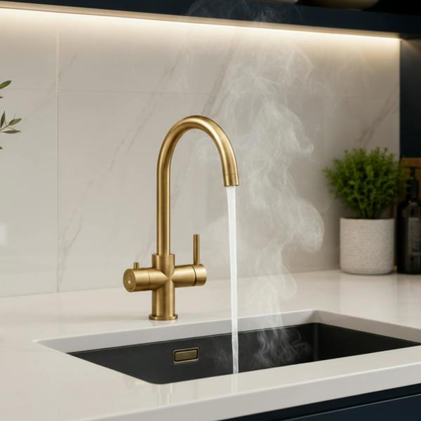 Gold kboiling water tap with a modern sink in a modern kitchen