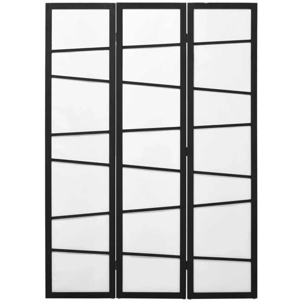 Three-panel folding room divider with white translucent panels and black wooden frame