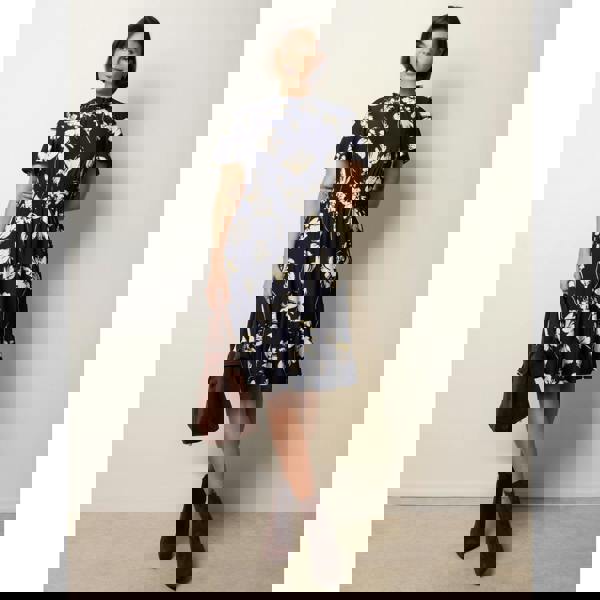 Blue Vanilla Elasticated Frill High Neck Floral Mini Dress