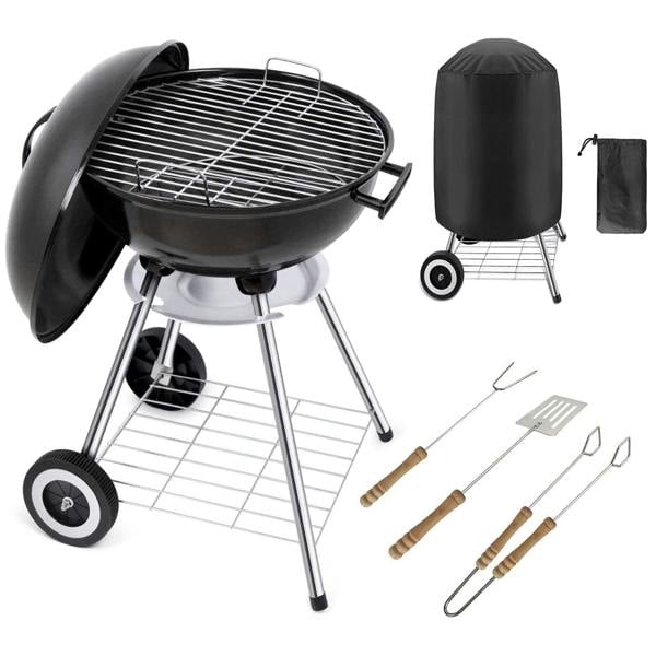 Gr8 Garden 18" Portable Kettle Charcoal BBQ Grill with Cover, Wheels & Utensils Stand
