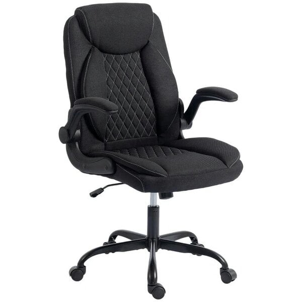 Linen-Look Computer Desk Chair, Executive Office Chair with Flip-Up Armrests and Thick Cushion, Black
