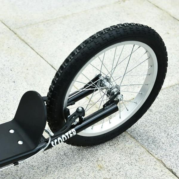Black kids kick scooter front wheel with rubber tire, spokes, and brake hardware