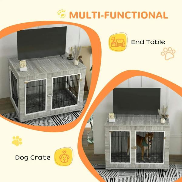 Grey indoor dog kennel shown in room from different angles, multi-use design with cushion