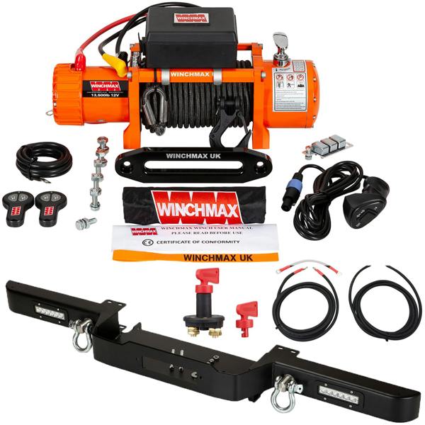 Winchmax 13,500lb (6,123kg) 12V Winch Bumper Compatible with Defender 25m x 10mm Armourline Rope, Wiring Kit & Isolator