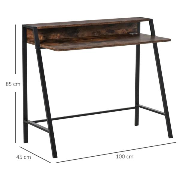 Rustic brown two-tier writing desk with black metal frame and open under-shelf space