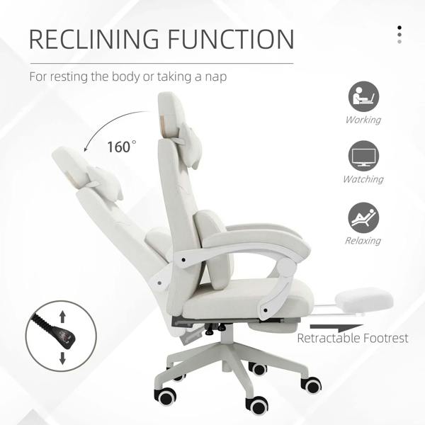 White reclining office chair with 160° recline and retractable footrest, side view