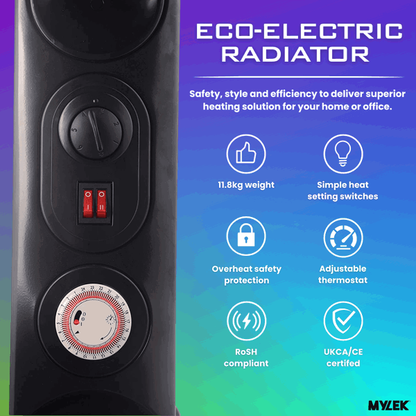 Mylek Oil Filled Radiator Electric Heater, Portable, Thermostat and 24hr Timer by Mylek 2500w Black