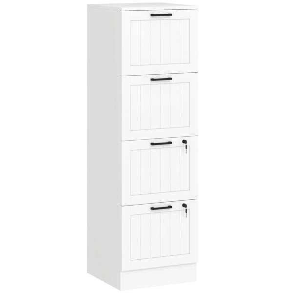 White 4-drawer filing cabinet with lock and black metal handles