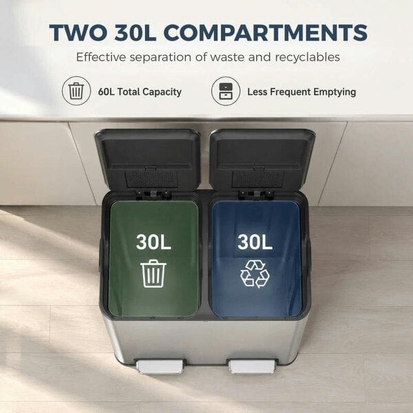 2 x 30L Double Kitchen Bin, Stainless Steel Pedal Rubbish Bin with Dual Compartments, Soft Close Lids, Silver Tone