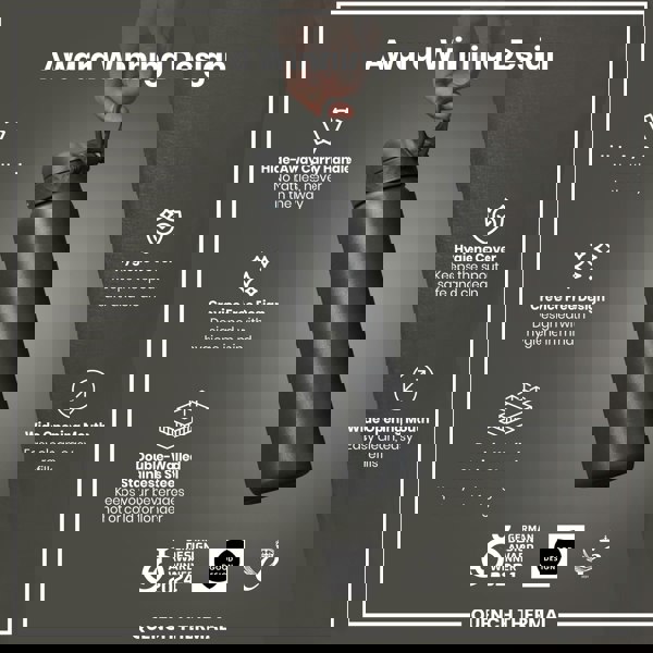 A dark-grey, double-walled stainless steel water bottle is held by a hand; it features a hide-away handle, crevice-free design, hygiene cover, and wide mouth. The bottle is an award-winning design.