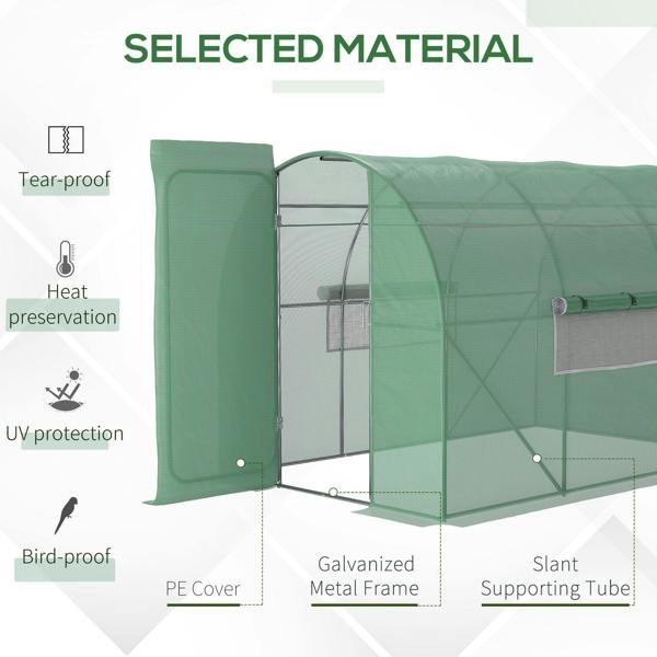 Green walk-in greenhouse with mesh PE cover and galvanized steel frame with hinged door