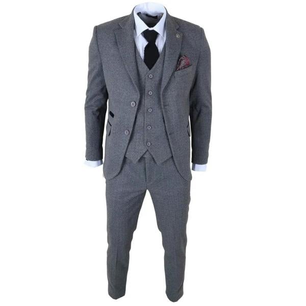 TruClothing IM41 - Men's Grey 3 Piece Tweed Herringbone Suits
