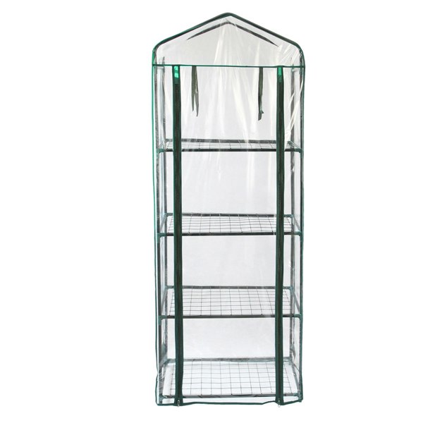 Mini greenhouse with four wire shelves, clear plastic cover, and green frame, ideal for indoor or outdoor plant growth and protection