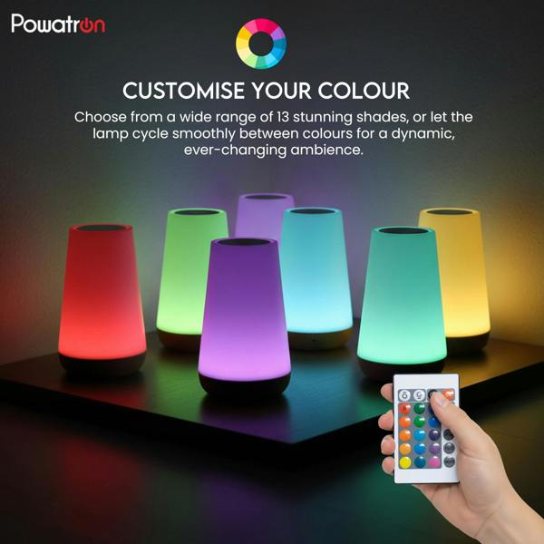 Powatron LED Night Light - RGB 13 Color Changing LED Touch Bedside Table Lamp With Timer Function - Rechargeable Remote Control