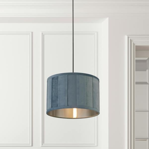 TURQUIOSE VELVET PLEAT DRUM SHADE & SILVER INNER (D30cm)