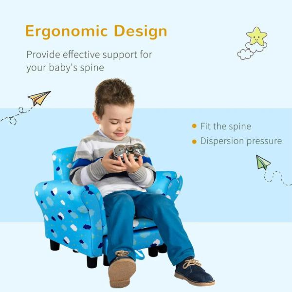 Blue toddler armchair with cloud-and-star upholstery, supportive high back and arms
