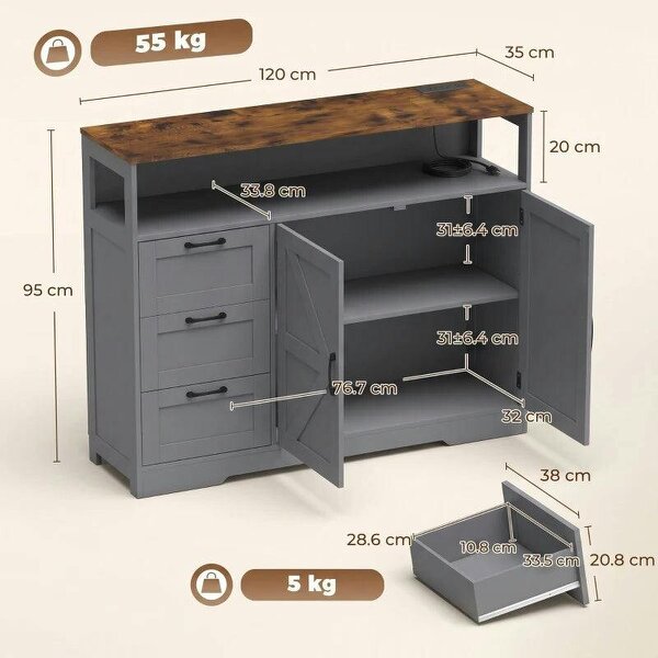 Sideboard Cabinet with Power Outlet, Farmhouse Kitchen Cabinet with 3 Drawers and Open Shelf, Grey