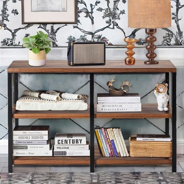 Rafaelo Mobilia Industrial 3 Tier Rustic Console Table With Metal Frame