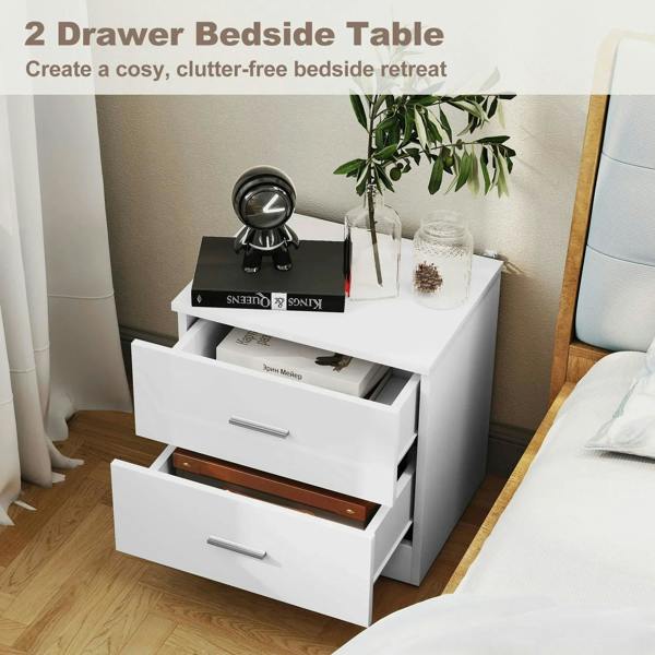 White high-gloss 2-drawer bedside table with silver bar handles and open storage drawer