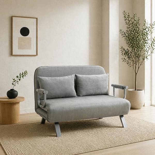 Wyld Haus Nilara Light Grey 2 Seater Click Clack Sofa Bed Silver Metal Legs