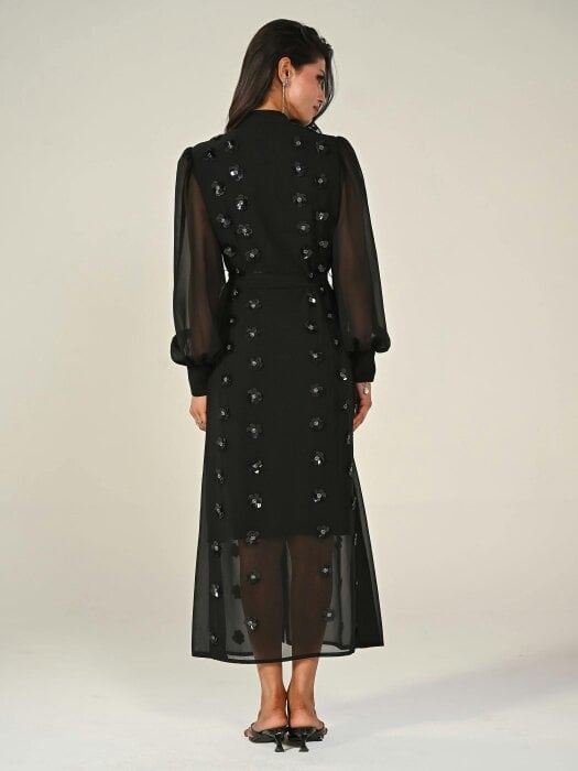 Rose & Nancy Morena Black Hand Embellished Midi Shirt Dress