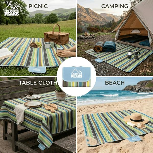 ADVENTURE PEAKS Picnic Blanket 200x200cm – Foldable Picnic Mat with PVC Water Resistant Backing - Portable Beach Blanket