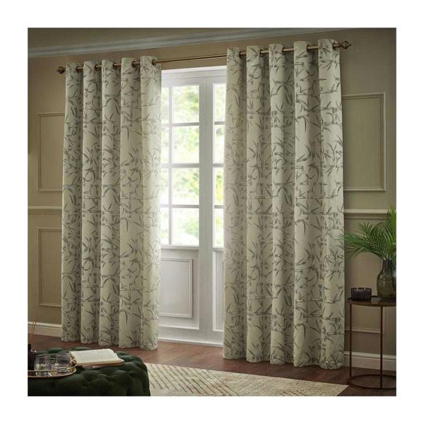 Paoletti Jacquard Bamboo Print Eyelet Curtains - Champagne - 