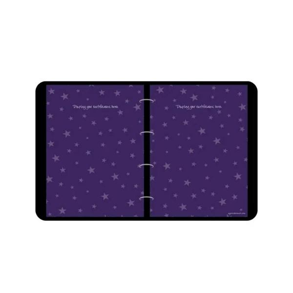 Purple star-patterned gymnastics proud moments binder with padded handle