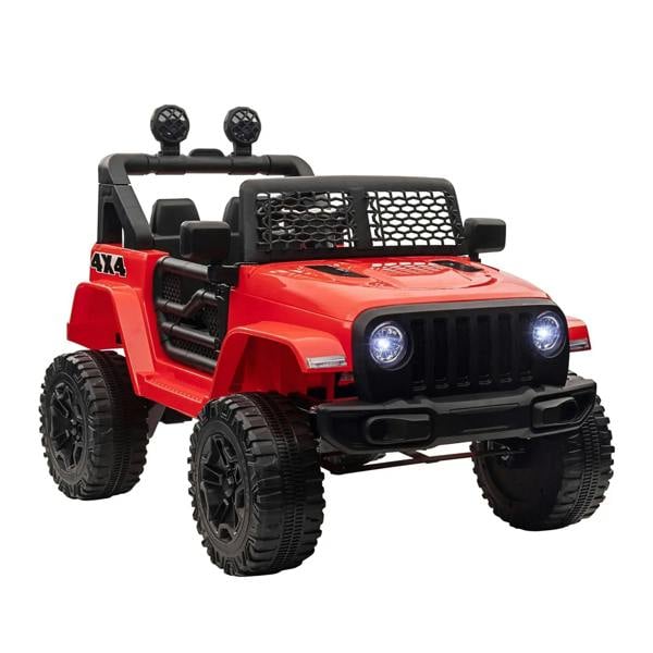 Red 4x4 ride-on car for kids with LED headlights, roll cage, and knobby tires.