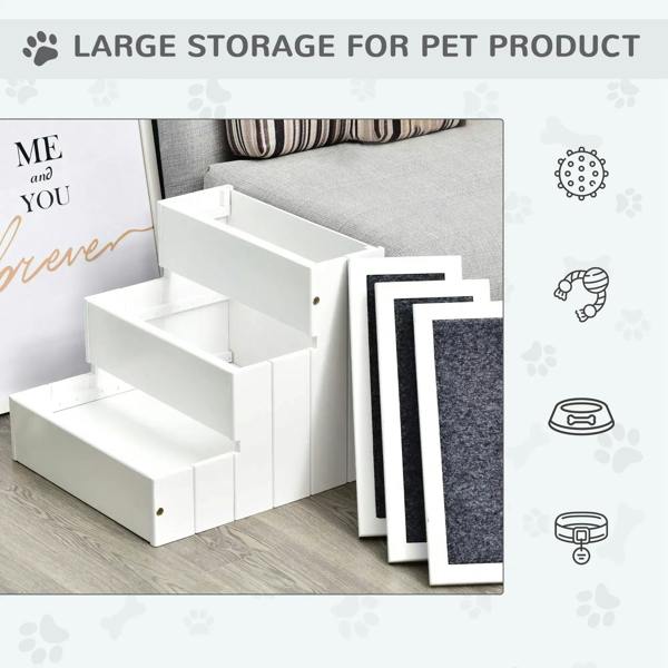 White 3-step pet stairs with open storage compartment and removable inner panels