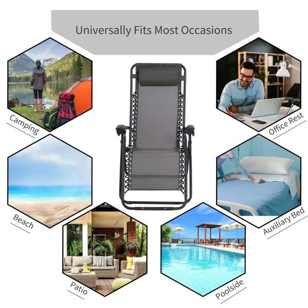 Grey outdoor folding reclining chair with headrest and black powder-coated metal frame