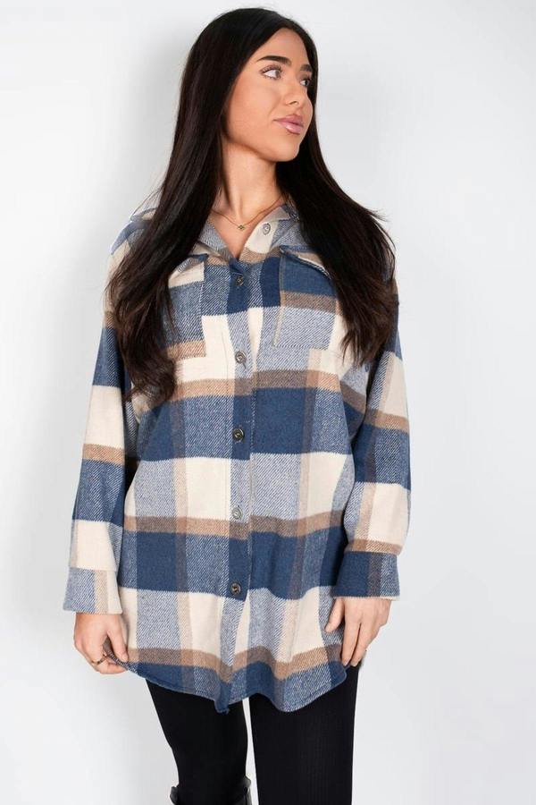 Luisa Plaid Print Long Sleeve Button Down Shacket - Blue