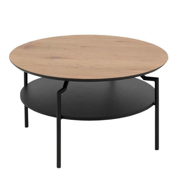 Wyld Haus Fuglebjerg Round Coffee Table Oak Top Black Metal Legs Bottom Shelf
